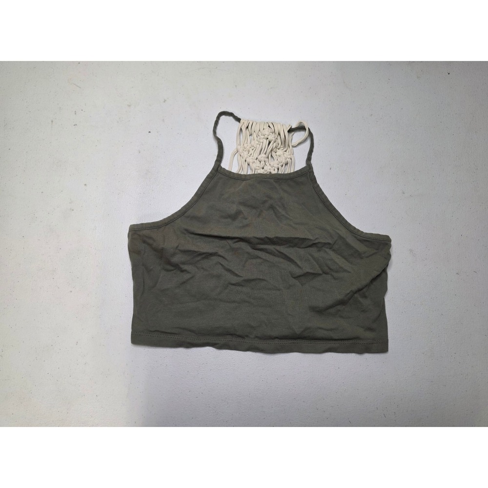 Empyre Olive Green Macrame Back Halter Crop Top Size Medium Cotton Stretch Tank